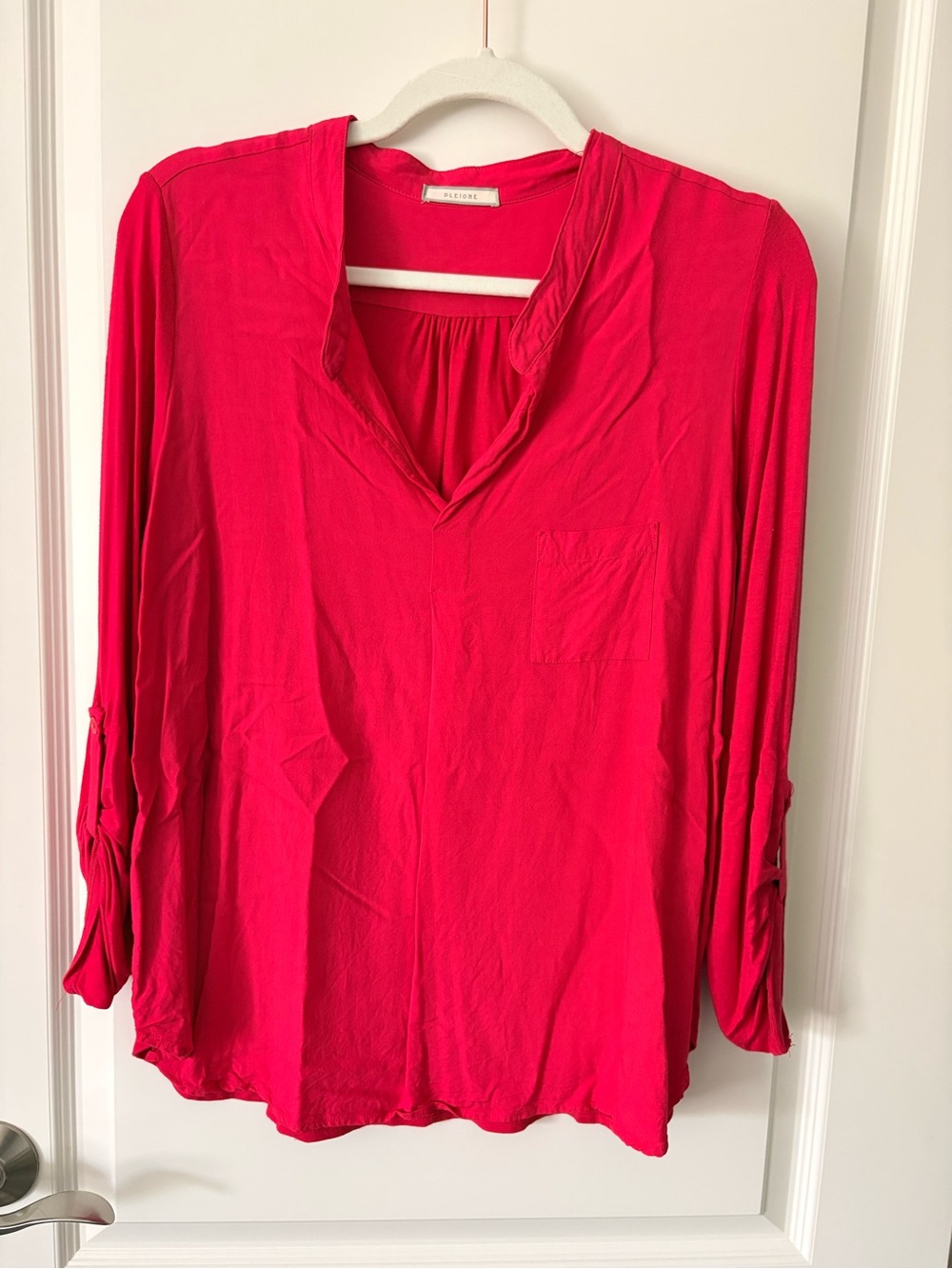 Pleione Bright Pink V-Neck Roll-Tab Tunic